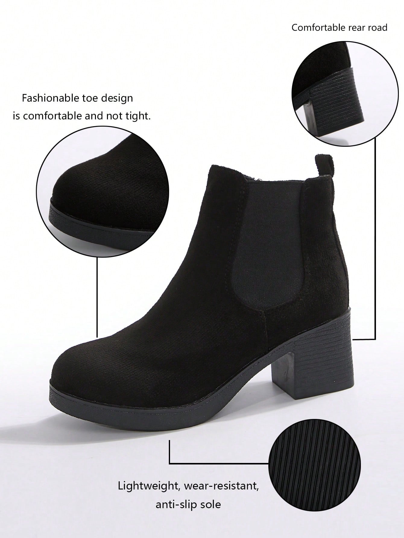 بوت تشيلسي ذات كعب سميك مزودة بسحاب، بوت نسائية ذات لون أسود أنيق وصلب ، ذات كعب عالي، تُرتدى مع البنطلونات والسراويل الضيقة ذات طابع أنيق