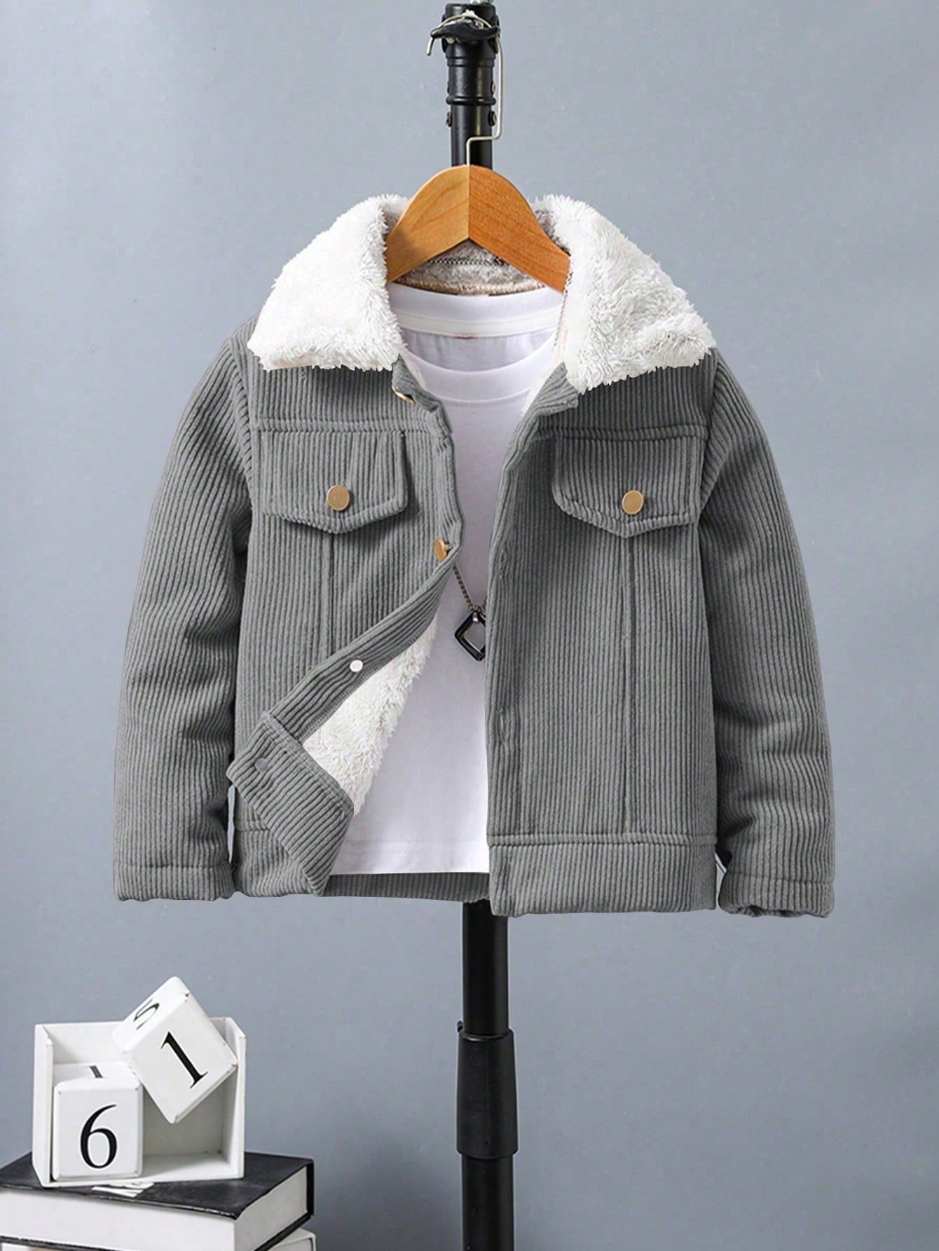 جاكيت بسيطة كم طويل طوق فرو صبي، لبس يومي عادي