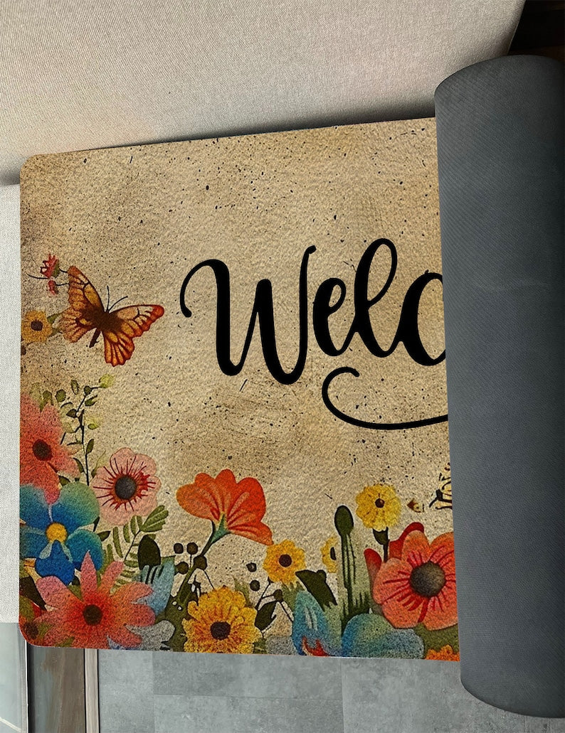 سجادة بوليستر أنيقة برسومات الزهور والأحرف لديكور المنزل