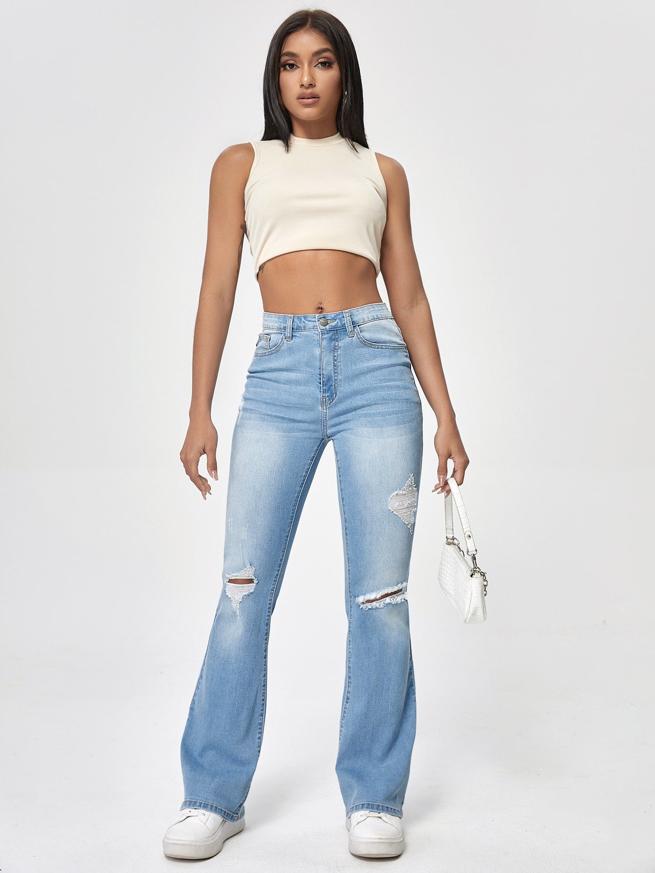 جينز قطع الحذاء خصر عالي ممزق