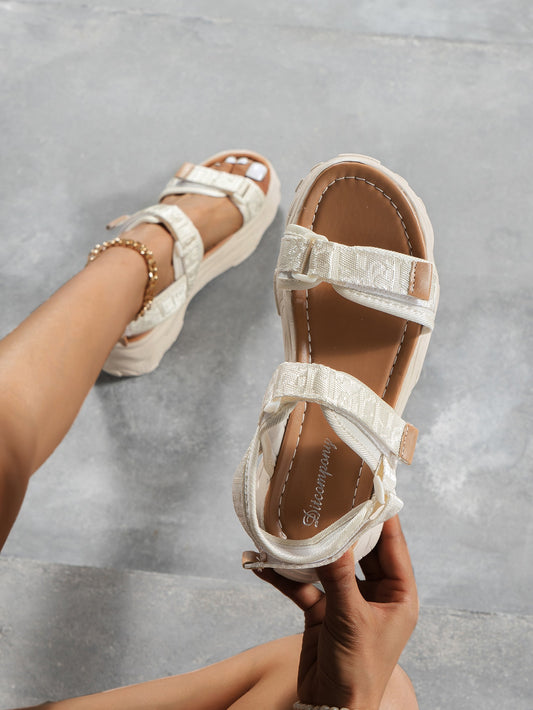 الربيع/الصيف المرأة الصنادل سميكة سوليد أحذية أسافين عادية جديدة لينة أسفل الصنادل الرومانية مع شريط مرن البيج