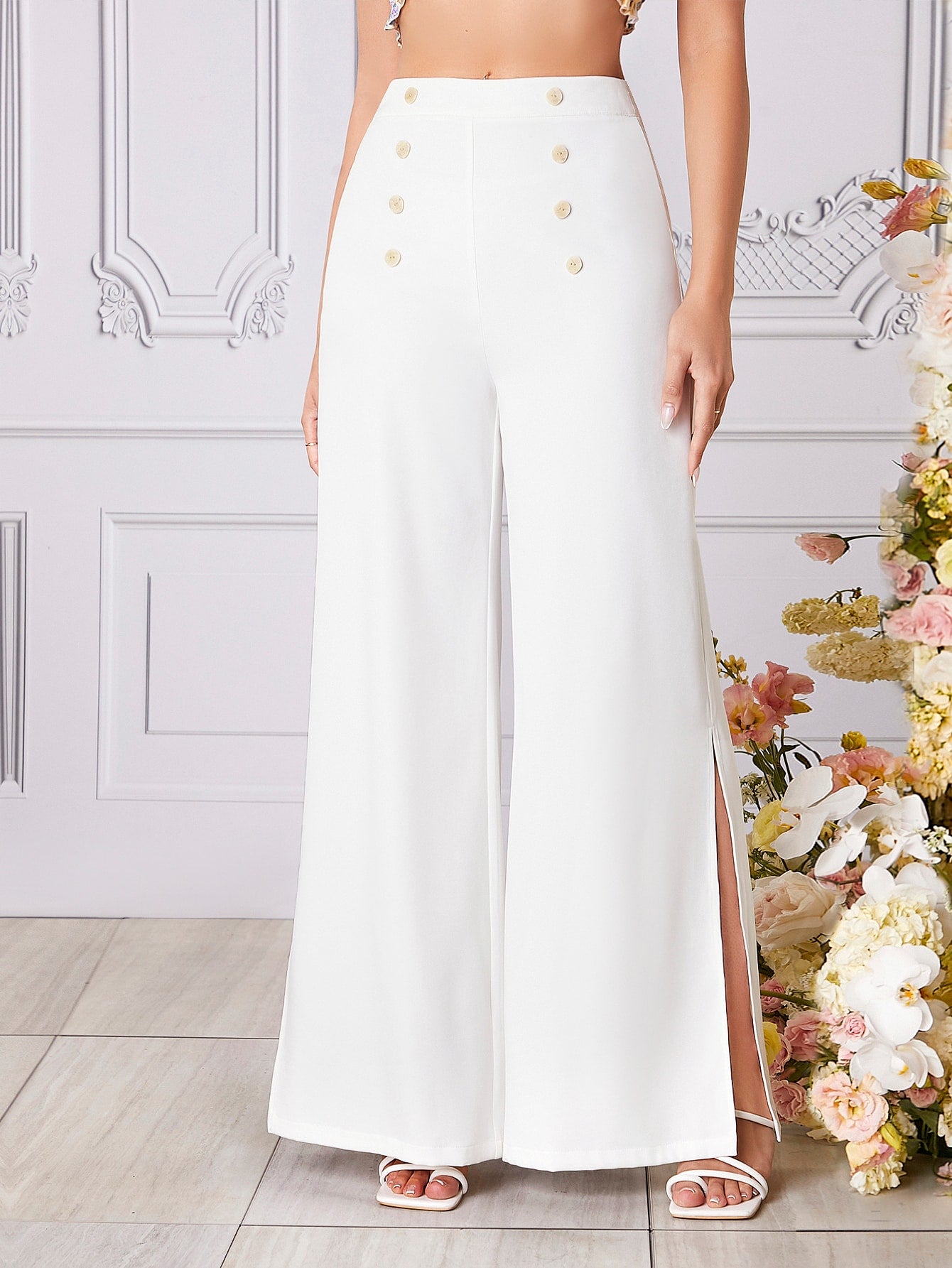 بنطلون بساق واسع موحدة اللون فتحة للفخذ