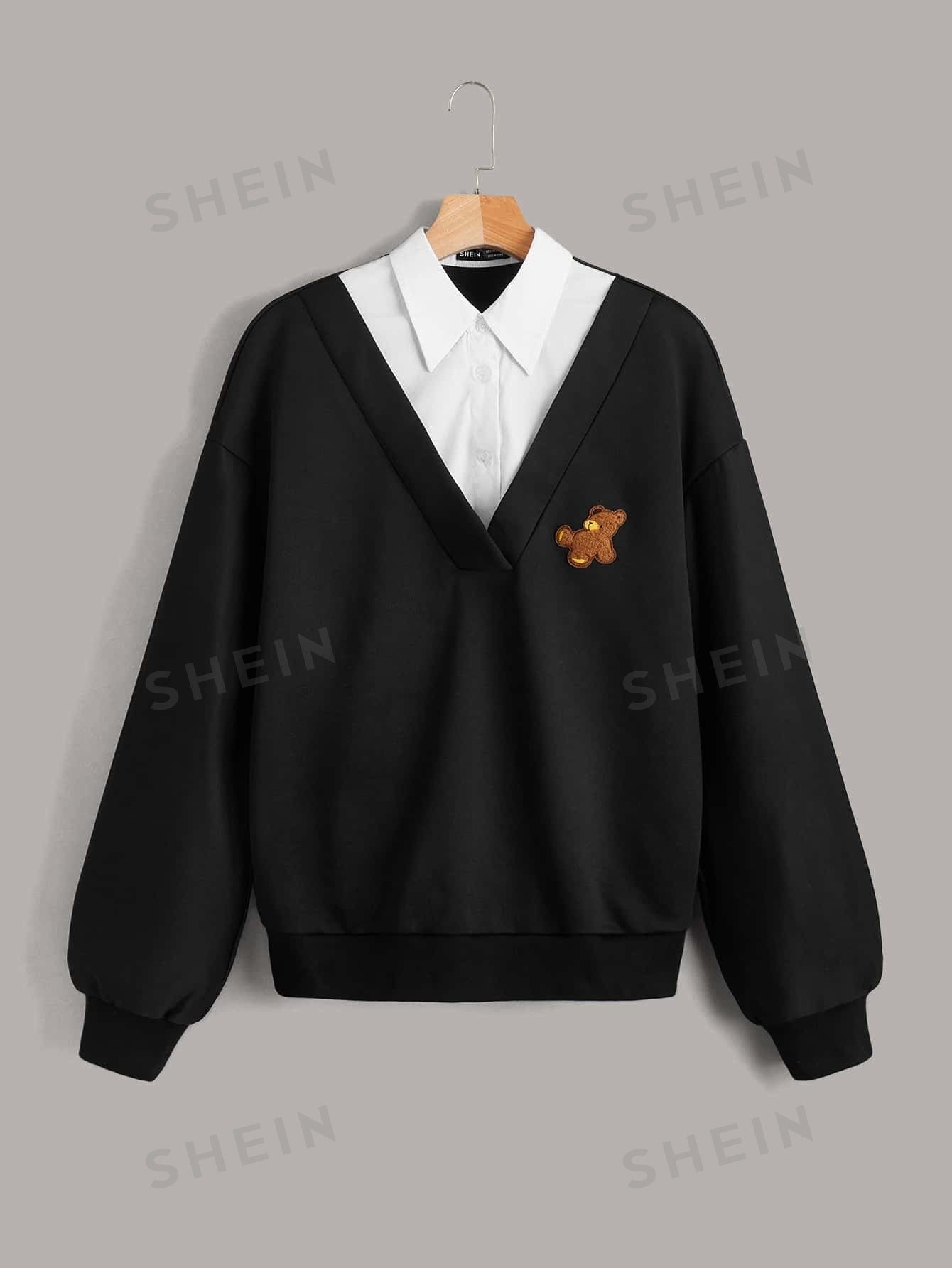 بلوفر ياقة متباينة مصحح بدب 2 في 1