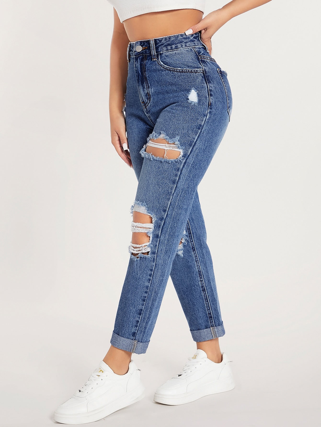 جينز بساق مستقيم خصر عالي قص مجوف ممزق مهتري الحواف