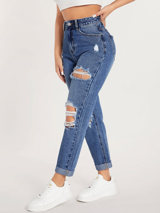 جينز بساق مستقيم خصر عالي قص مجوف ممزق مهتري الحواف