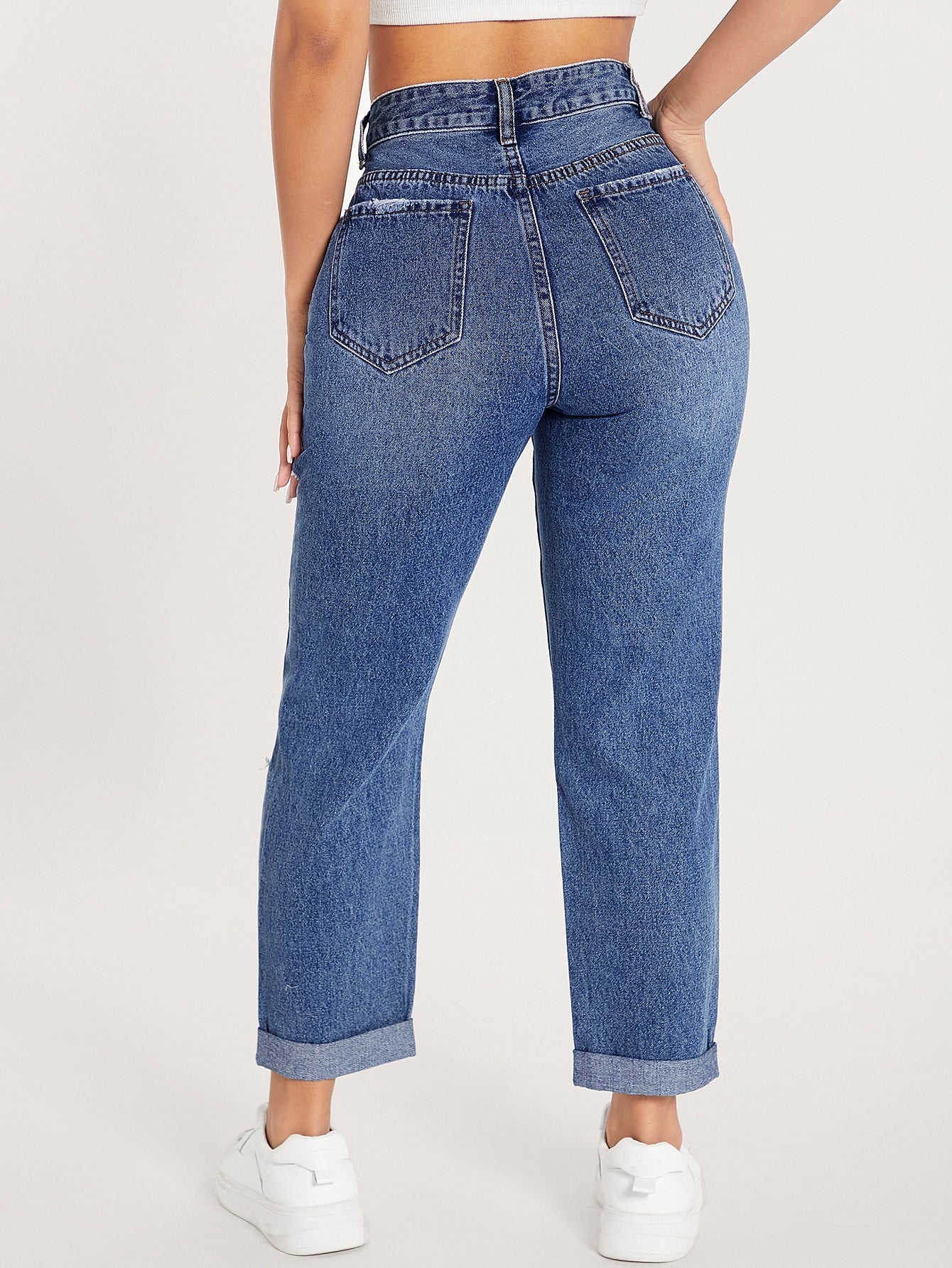 جينز بساق مستقيم خصر عالي قص مجوف ممزق مهتري الحواف