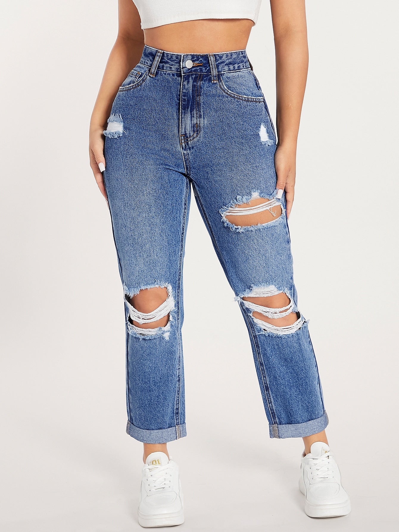 جينز بساق مستقيم خصر عالي قص مجوف ممزق مهتري الحواف