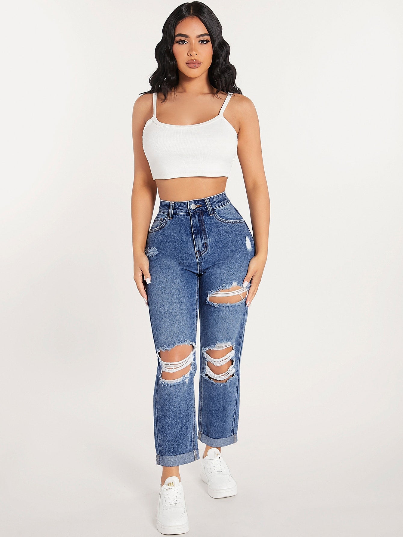 جينز بساق مستقيم خصر عالي قص مجوف ممزق مهتري الحواف