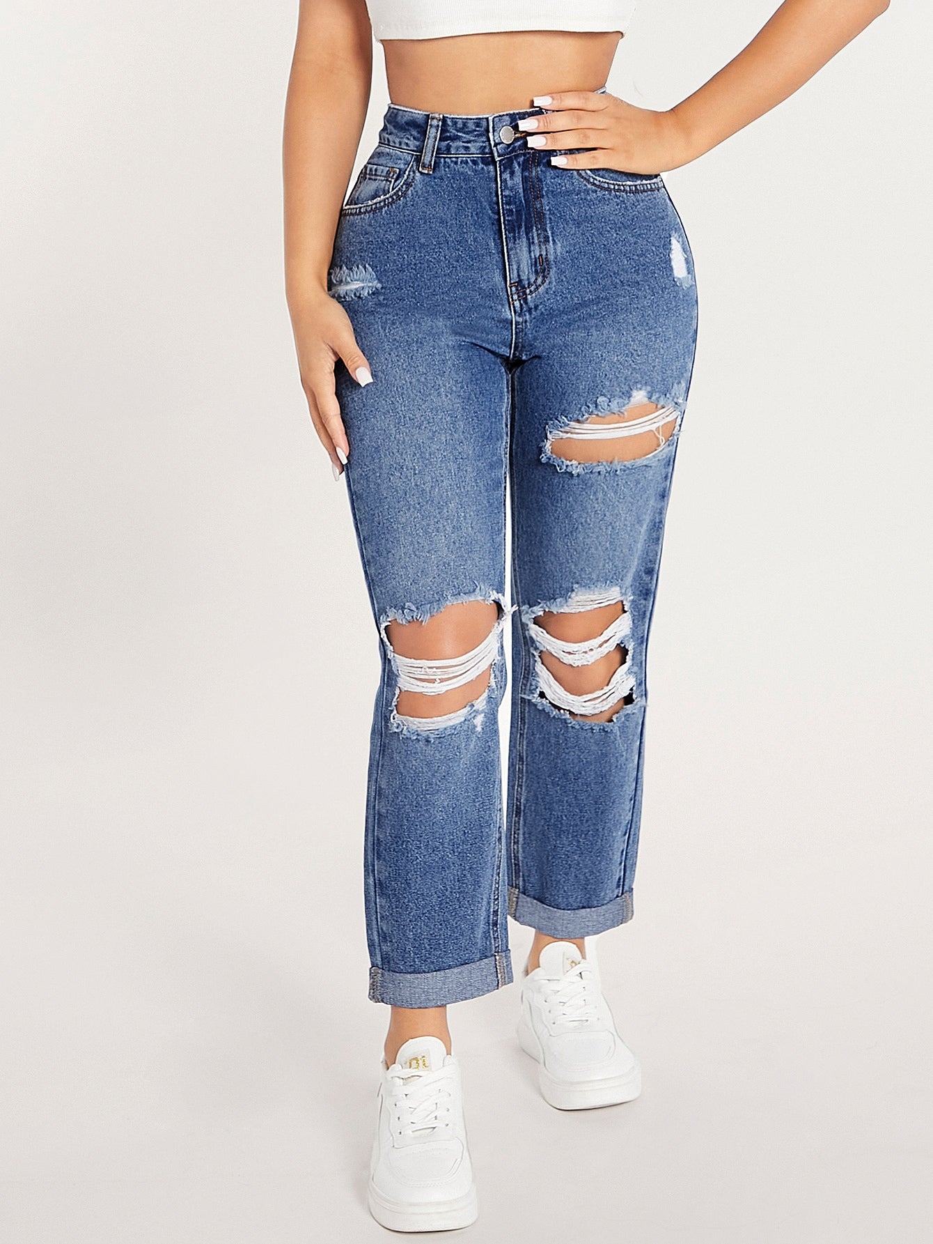 جينز بساق مستقيم خصر عالي قص مجوف ممزق مهتري الحواف