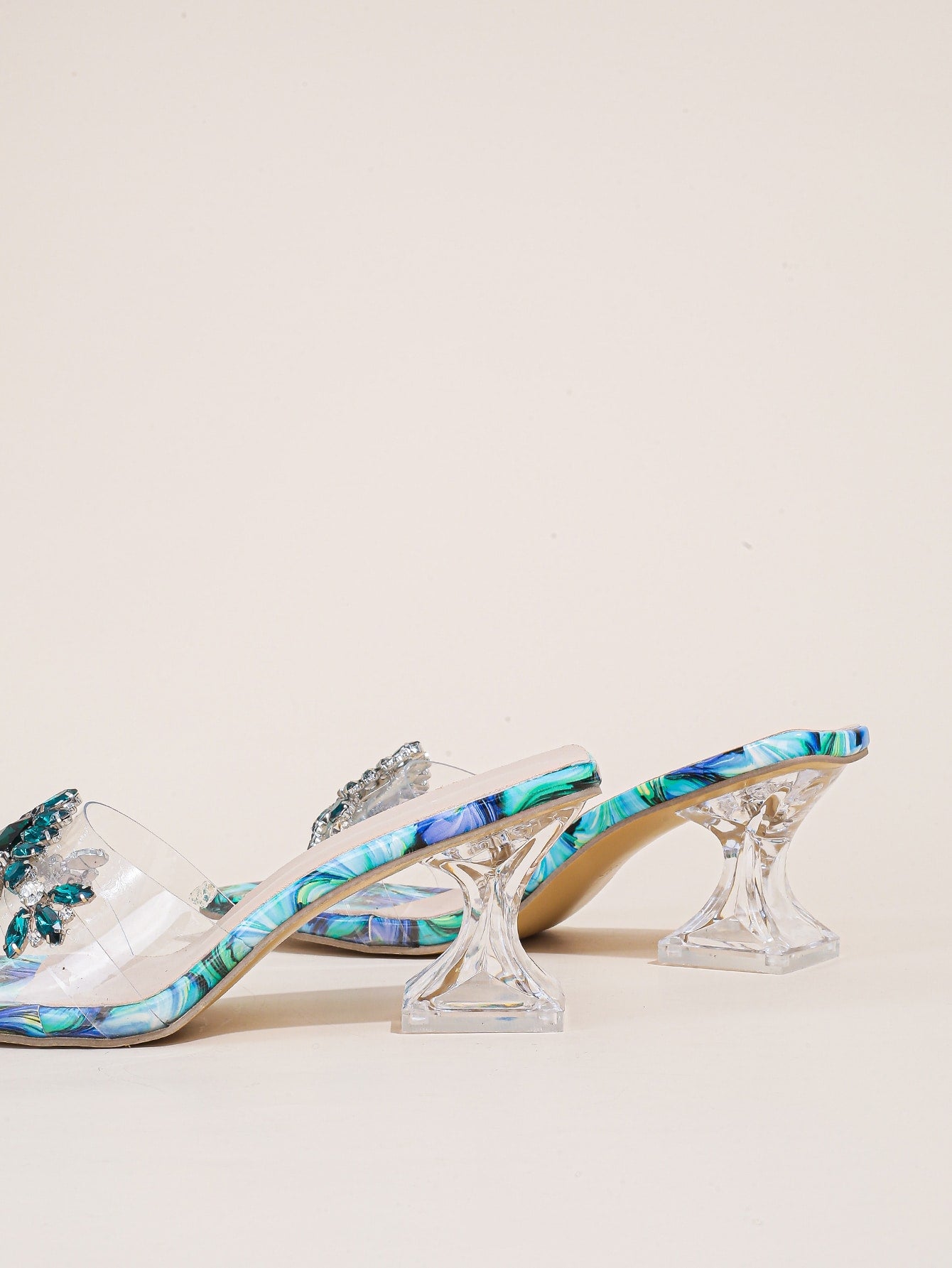 صندل نسائي من حجر الراين مزين بشريط شفاف منحوت بكعب عالٍ ، صنادل موضة صيفية بكعب
