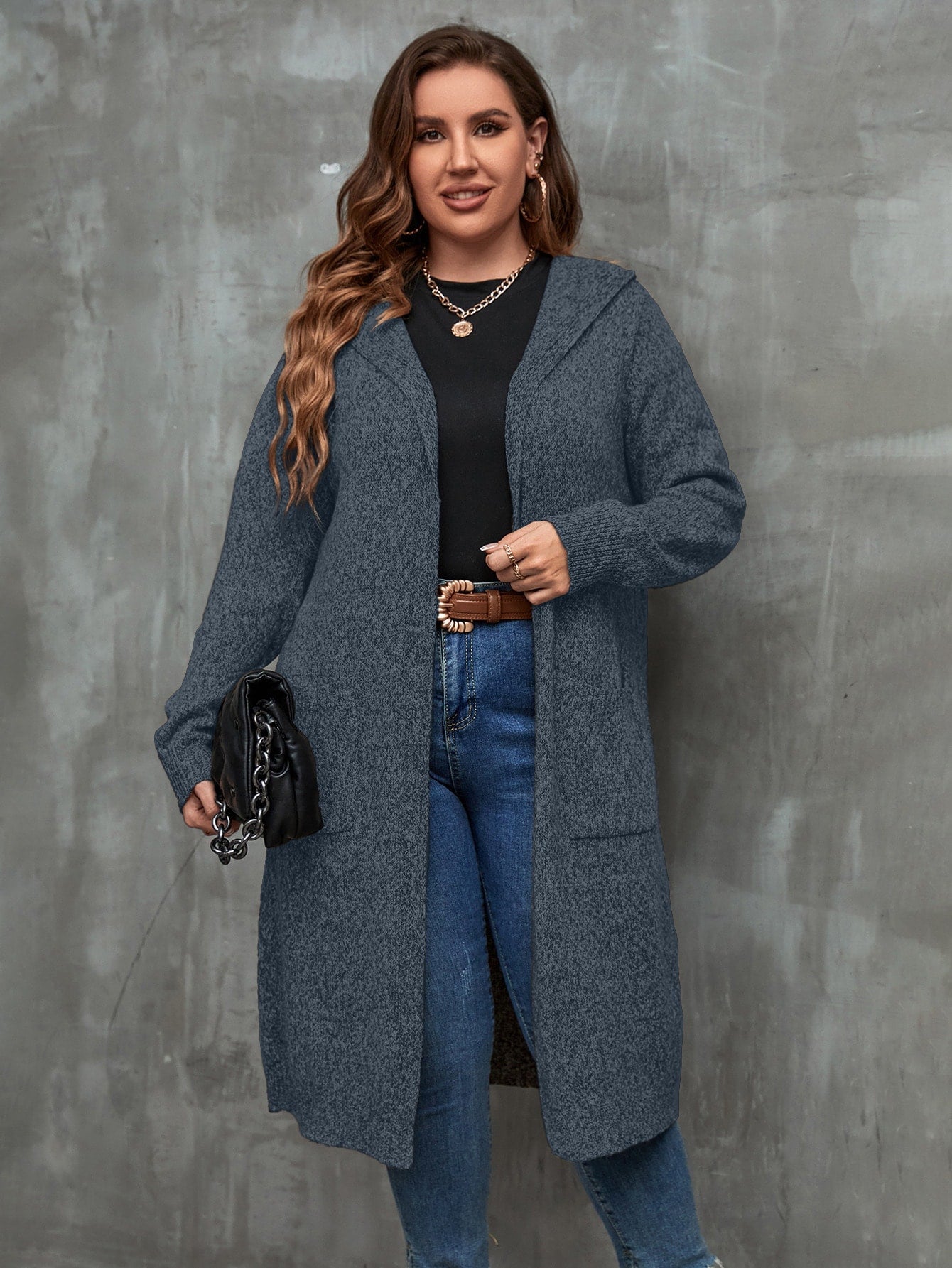 كارديجان جيب مزدوج منخفض الاكتاف قبعة مقاس كبير