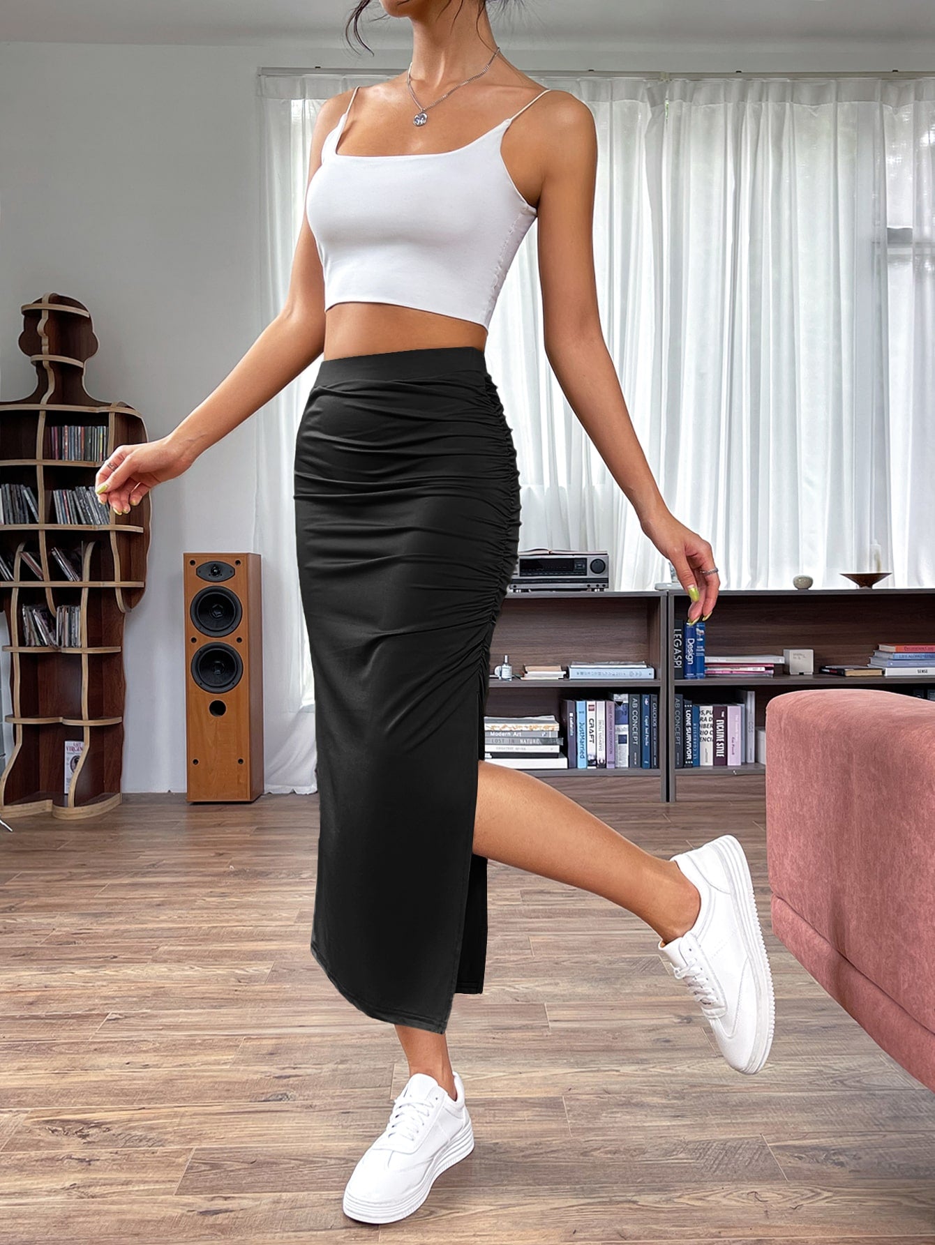 تنورة خصر عالي ثنية فتحة للفخذ حافة مجمع