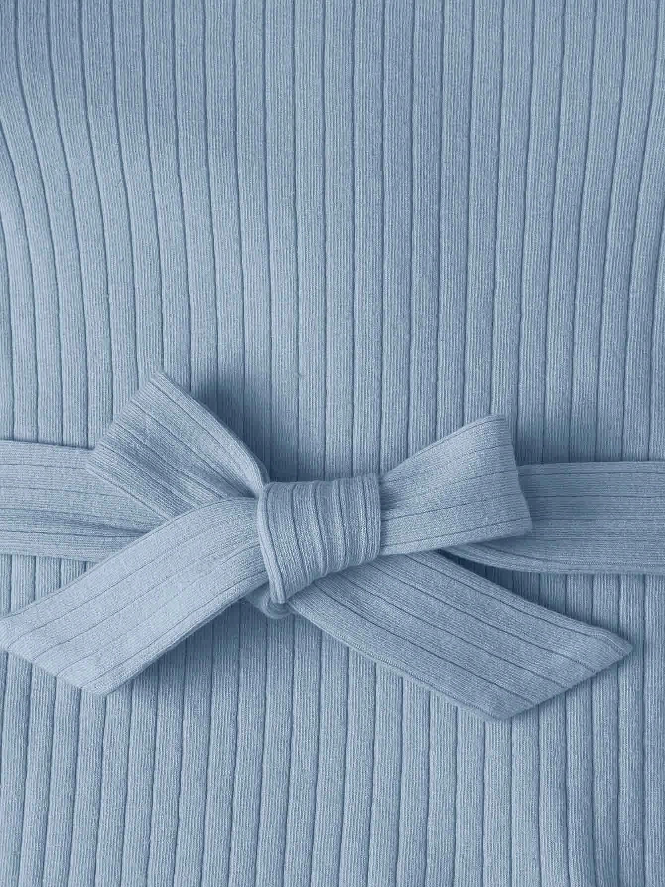 فستان موحدة اللون حزام محبوك مضلع للاطفال