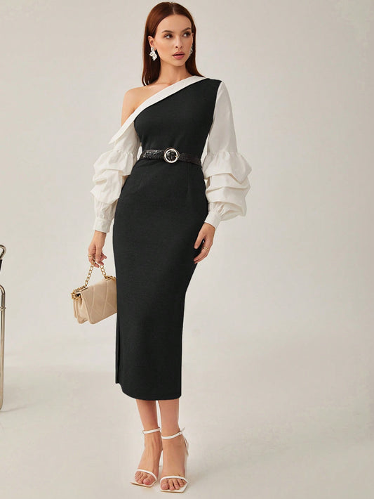 فستان ياقة غير متماثل أكمام فانوس بحافة شق بدون حزام ملابس العمل