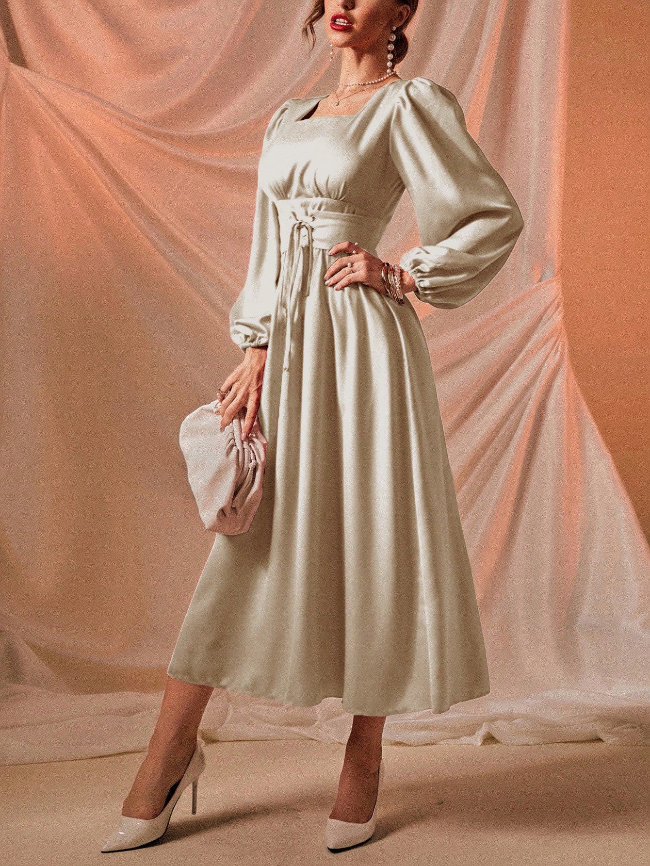 فستان ياقة مربع أكمام فانوس رباط امامي