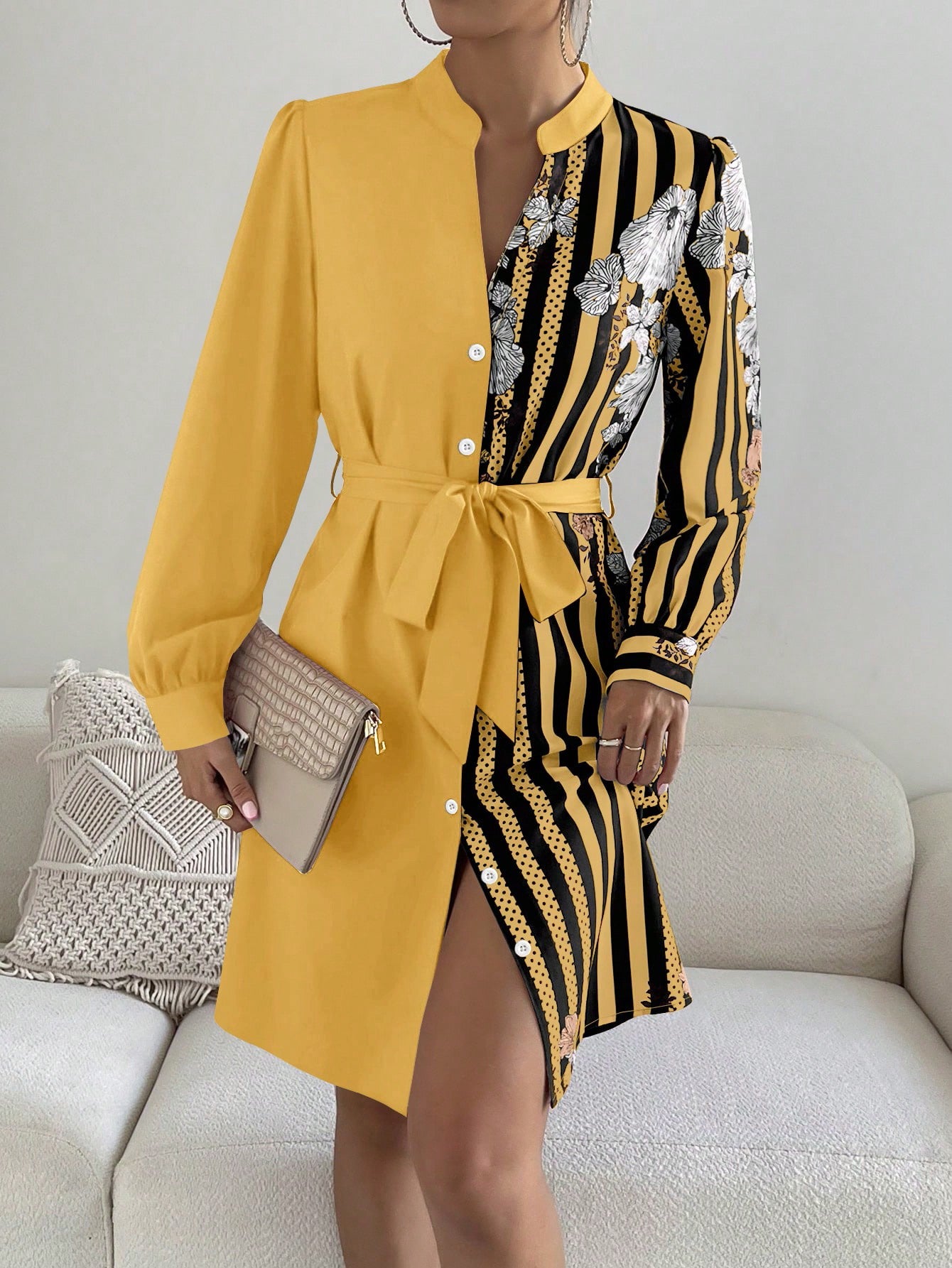 فستان قميص مخطط و طباعة الأزهار أكمام فانوس حزام