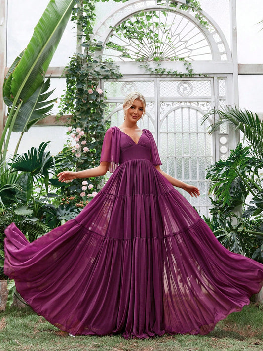 فستان ماكسي اكمام فراشة حافة مكشكشة شيفون