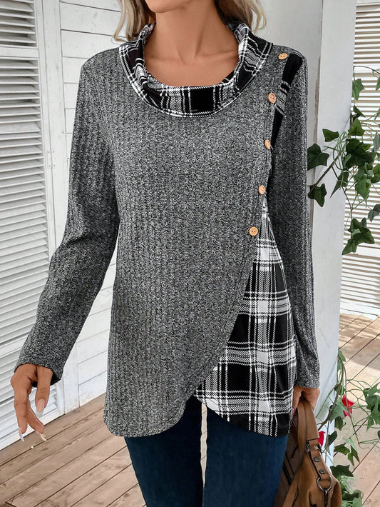 تي شيرت طباعة مربع النقش تفاصيل ازرار حافة غير متماثل