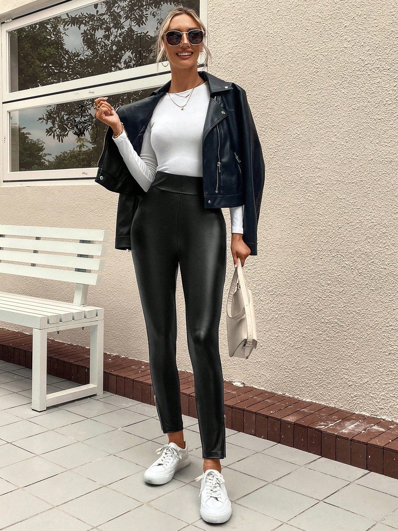 طماق جلد صناعي خصر عالي سحاب حافة