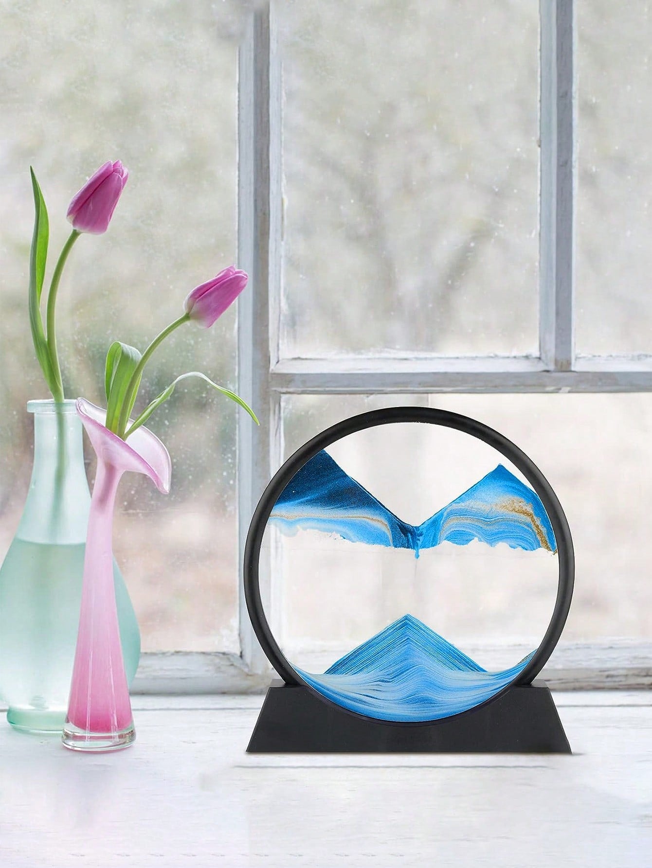 فن الرمل المتحرك ثلاثي الأبعاد المزخرف بالزجاج المناسب لديكور المكتب أو المنزل، اطار صورة الساعة الرملية الديناميكية الزرقاء المحيطية - صورة رملية مكتبية