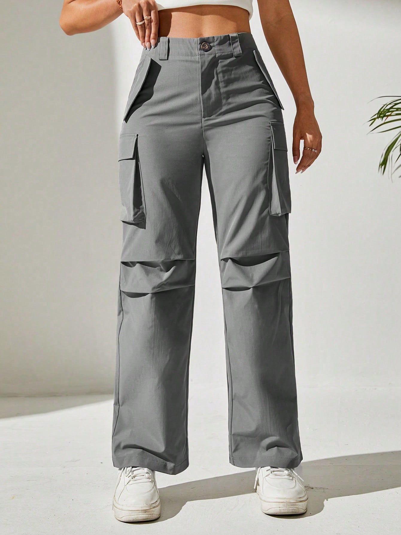 سروال أنيق بجيوب شحن مع طية