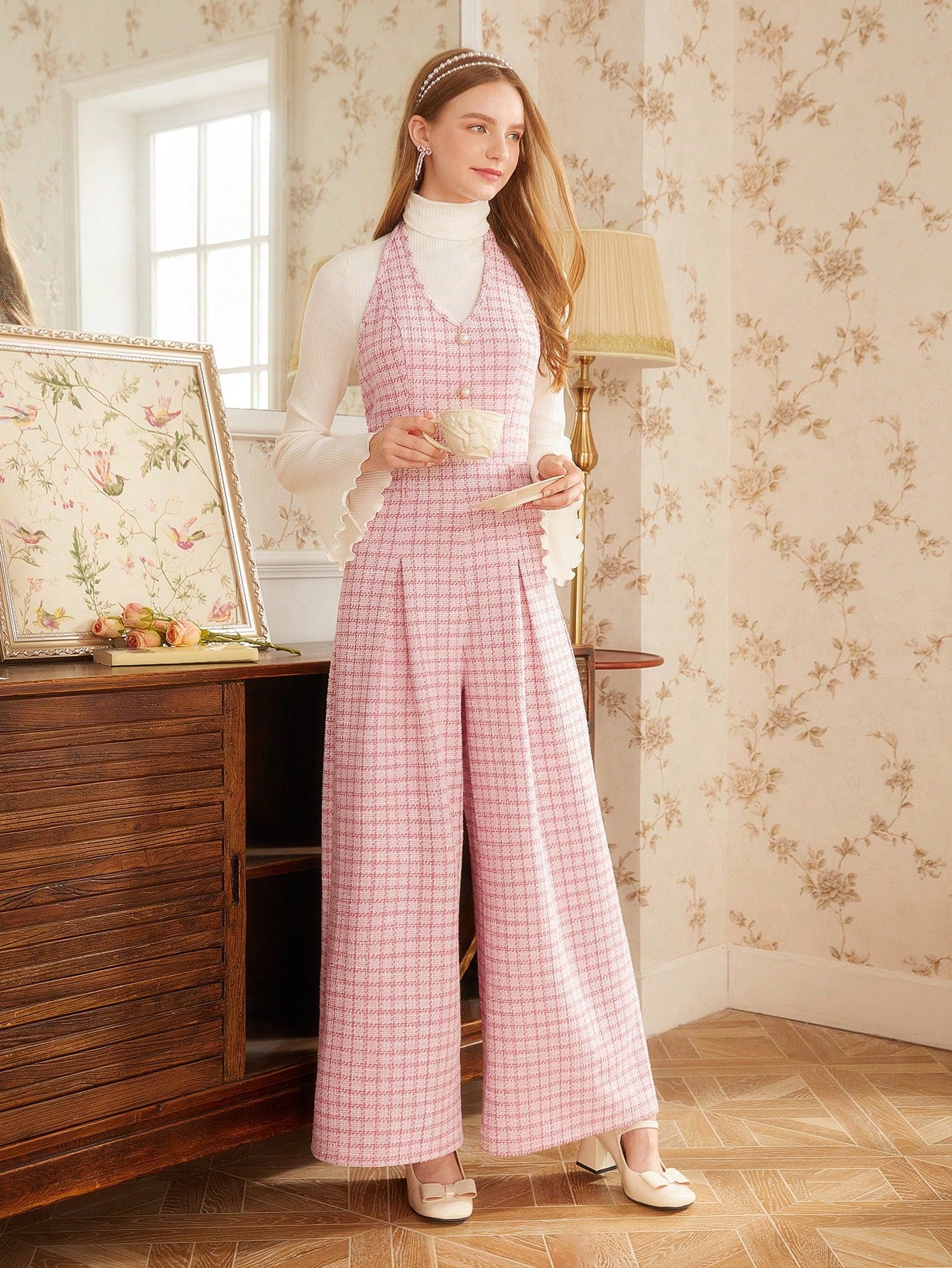 بدسويت بساق واسع طباعة مربع النقش بدون تي شيرت