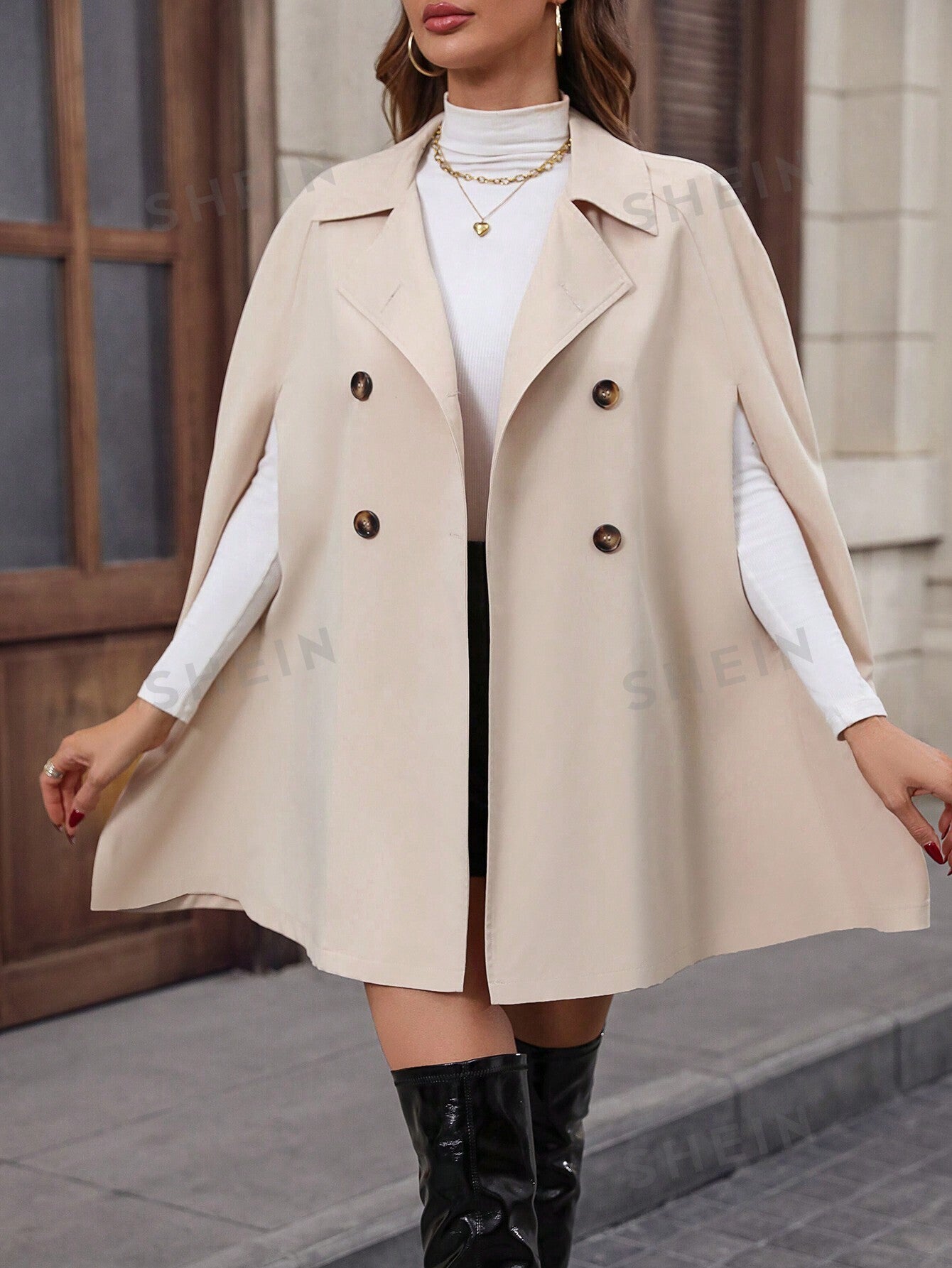 معطف مطر اكمام عباءة صف ازرار مزدوجة حزام