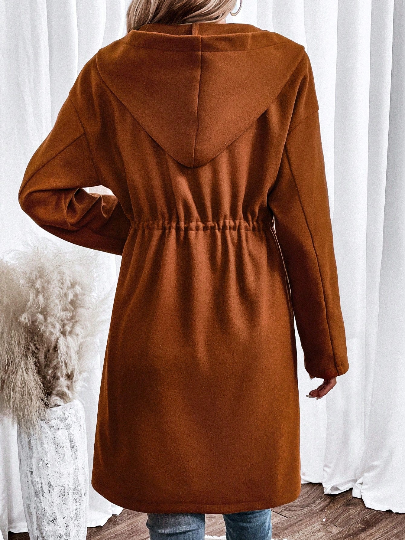 معطف جيب مزدوج رباط خصر قبعة