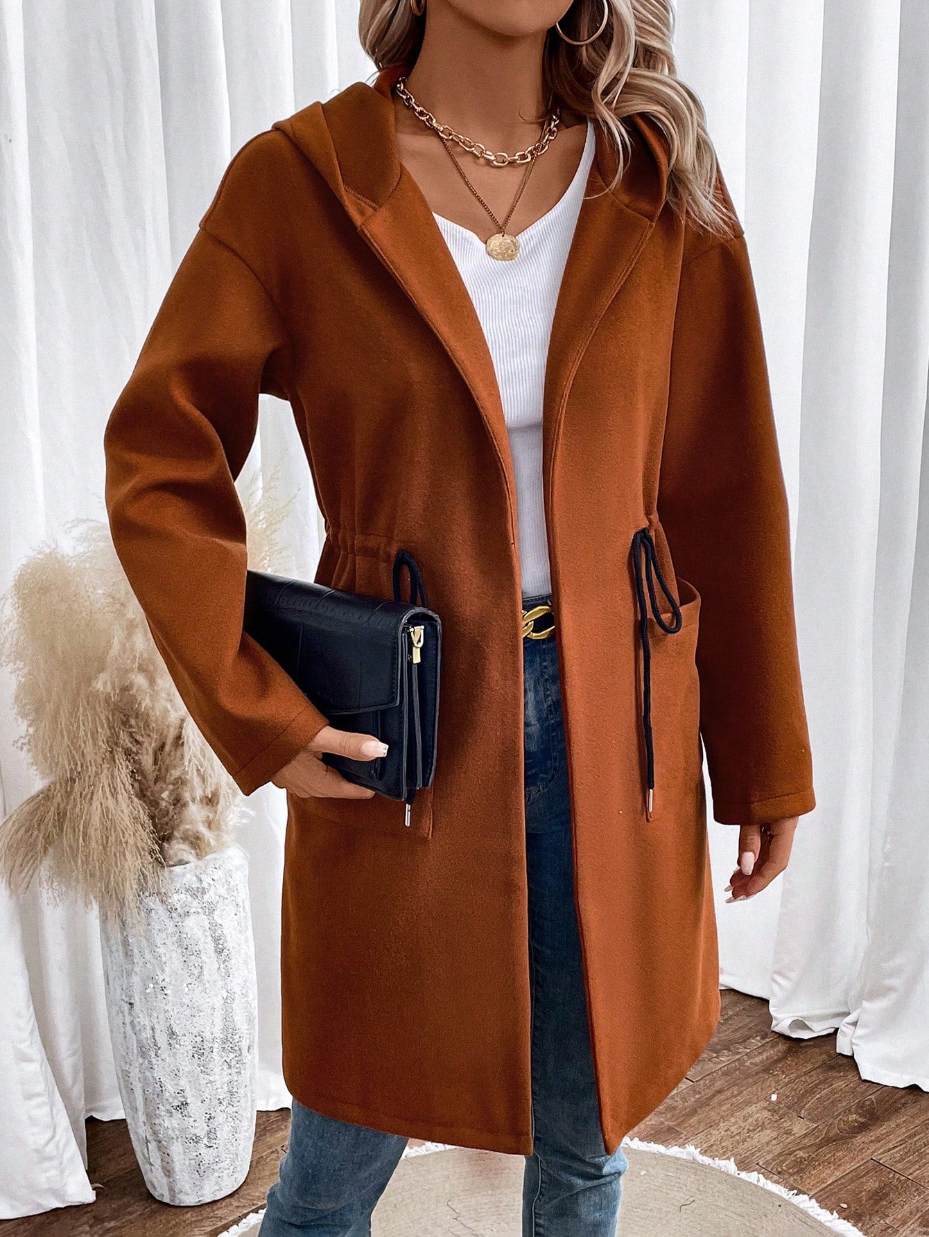 معطف جيب مزدوج رباط خصر قبعة