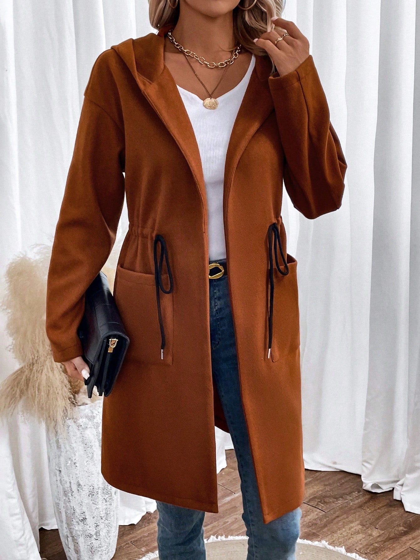 معطف جيب مزدوج رباط خصر قبعة