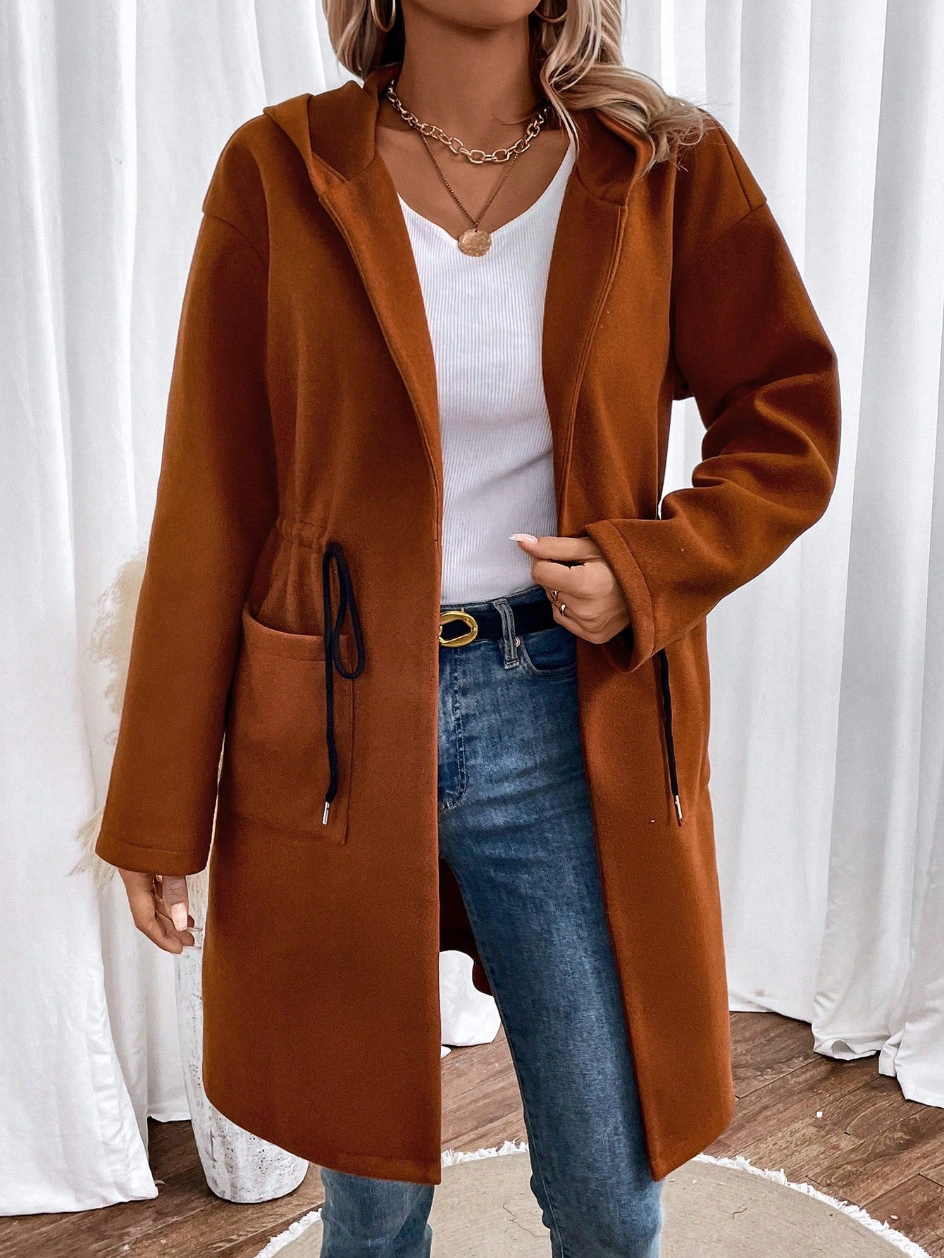 معطف جيب مزدوج رباط خصر قبعة