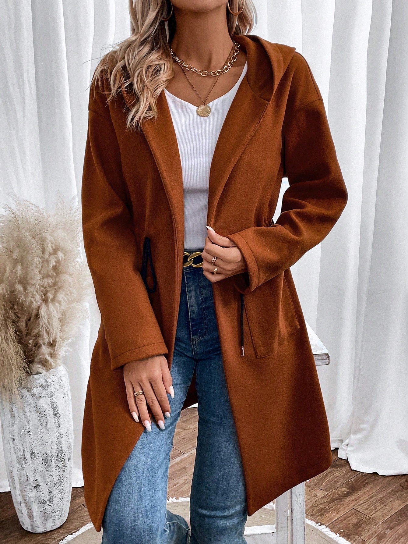 معطف جيب مزدوج رباط خصر قبعة