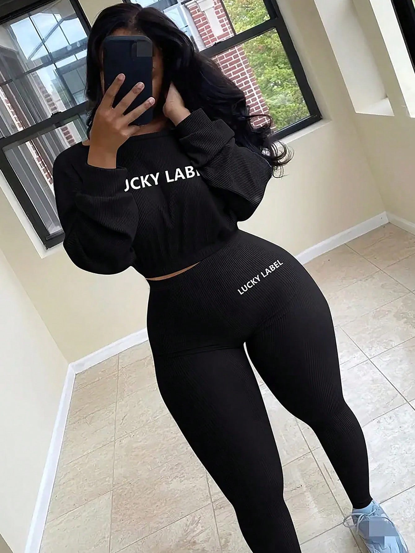 بطباعة أحرف منخفض الاكتاف قميص ثقيل قصير & طماق