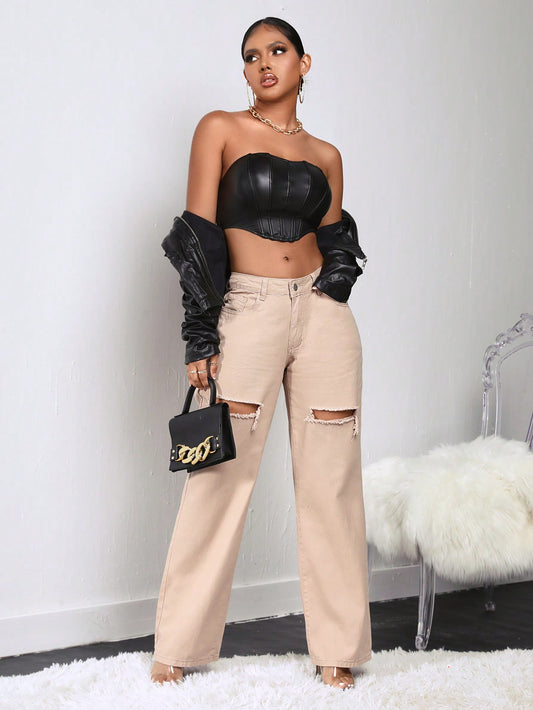 بنطلون جينز بساق عريض ممزق خصر عالي