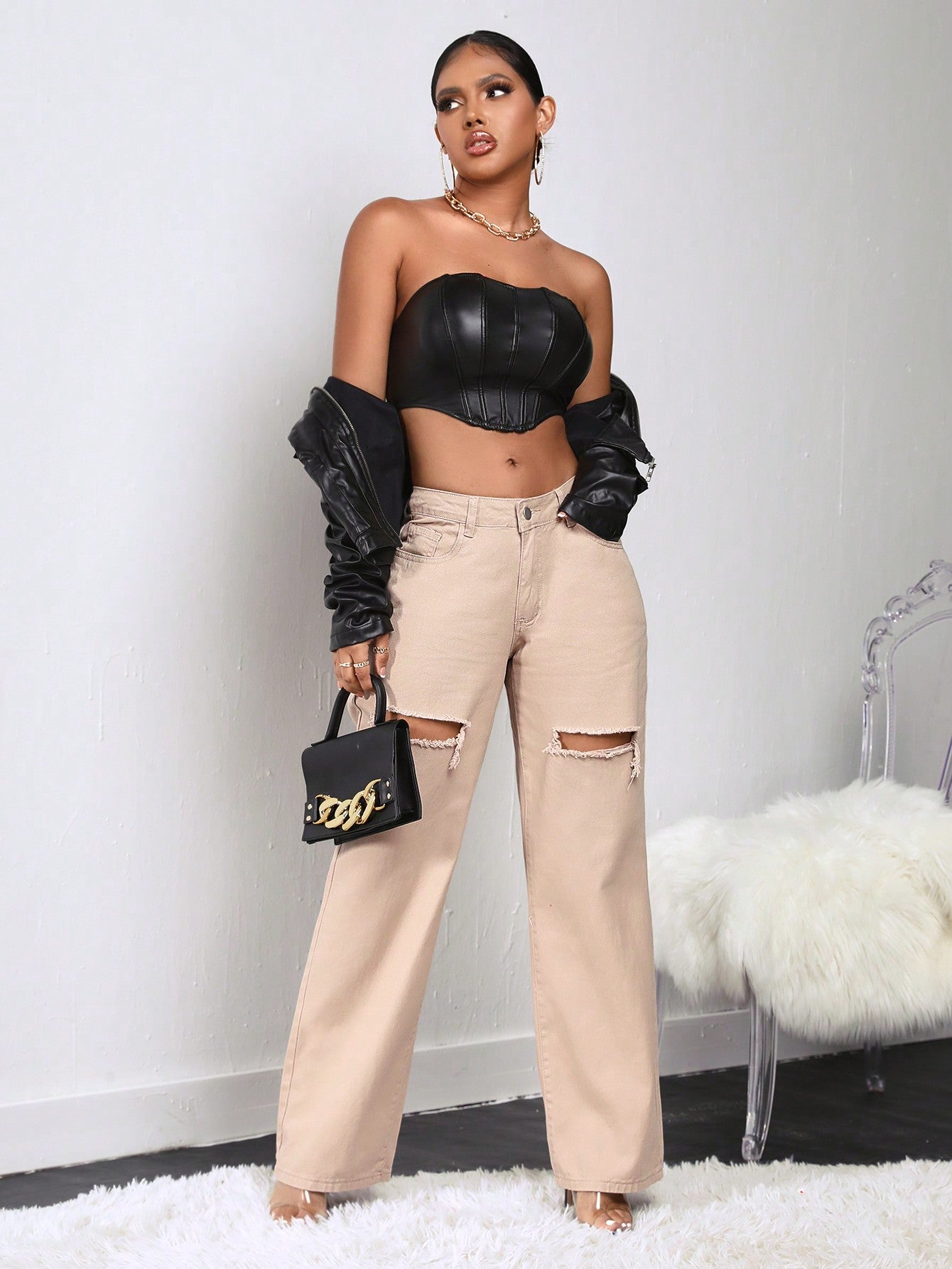 بنطلون جينز بساق عريض ممزق خصر عالي