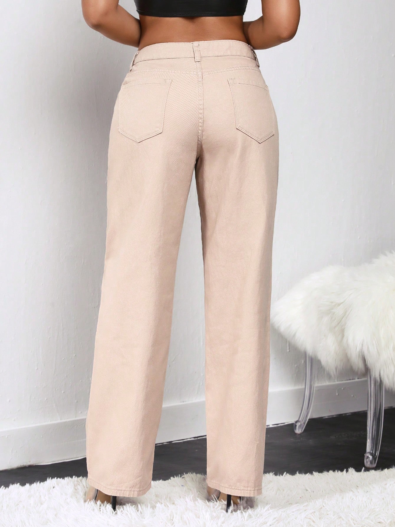 بنطلون جينز بساق عريض ممزق خصر عالي