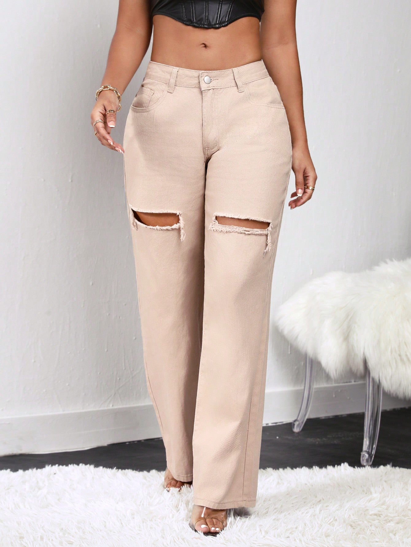 بنطلون جينز بساق عريض ممزق خصر عالي