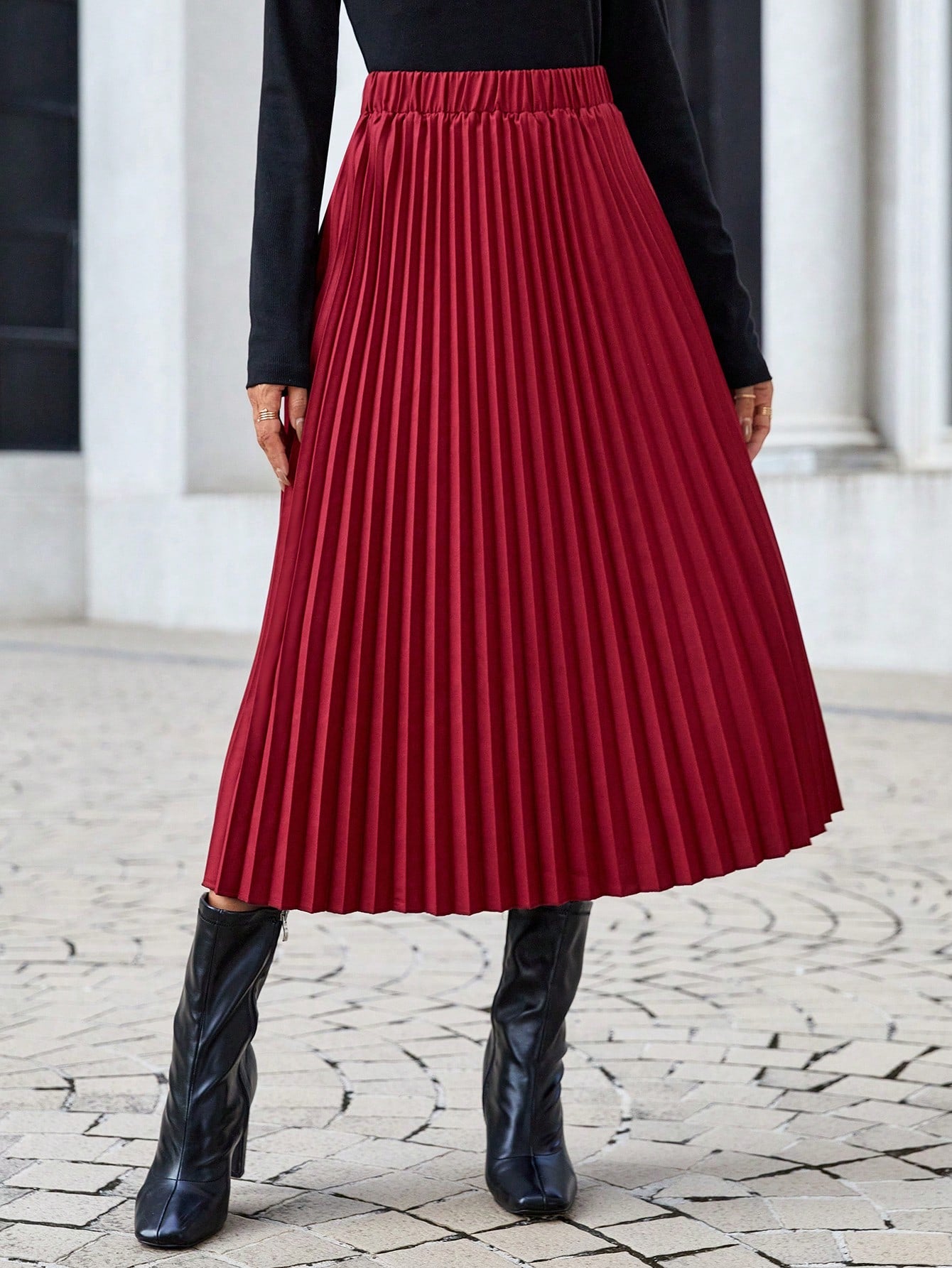 تنورة ذو تجاعيد موحدة اللون خصر عالي