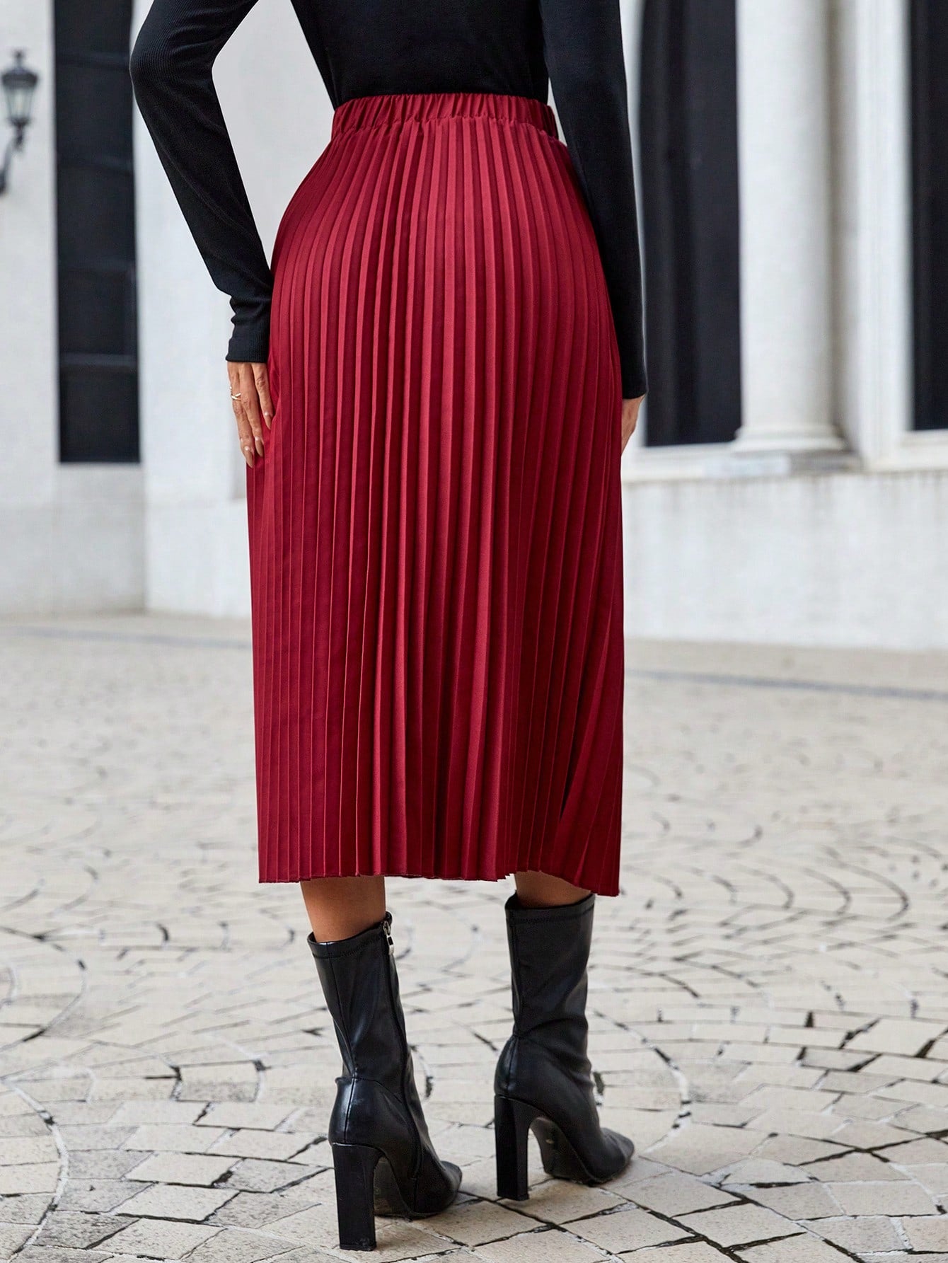 تنورة ذو تجاعيد موحدة اللون خصر عالي