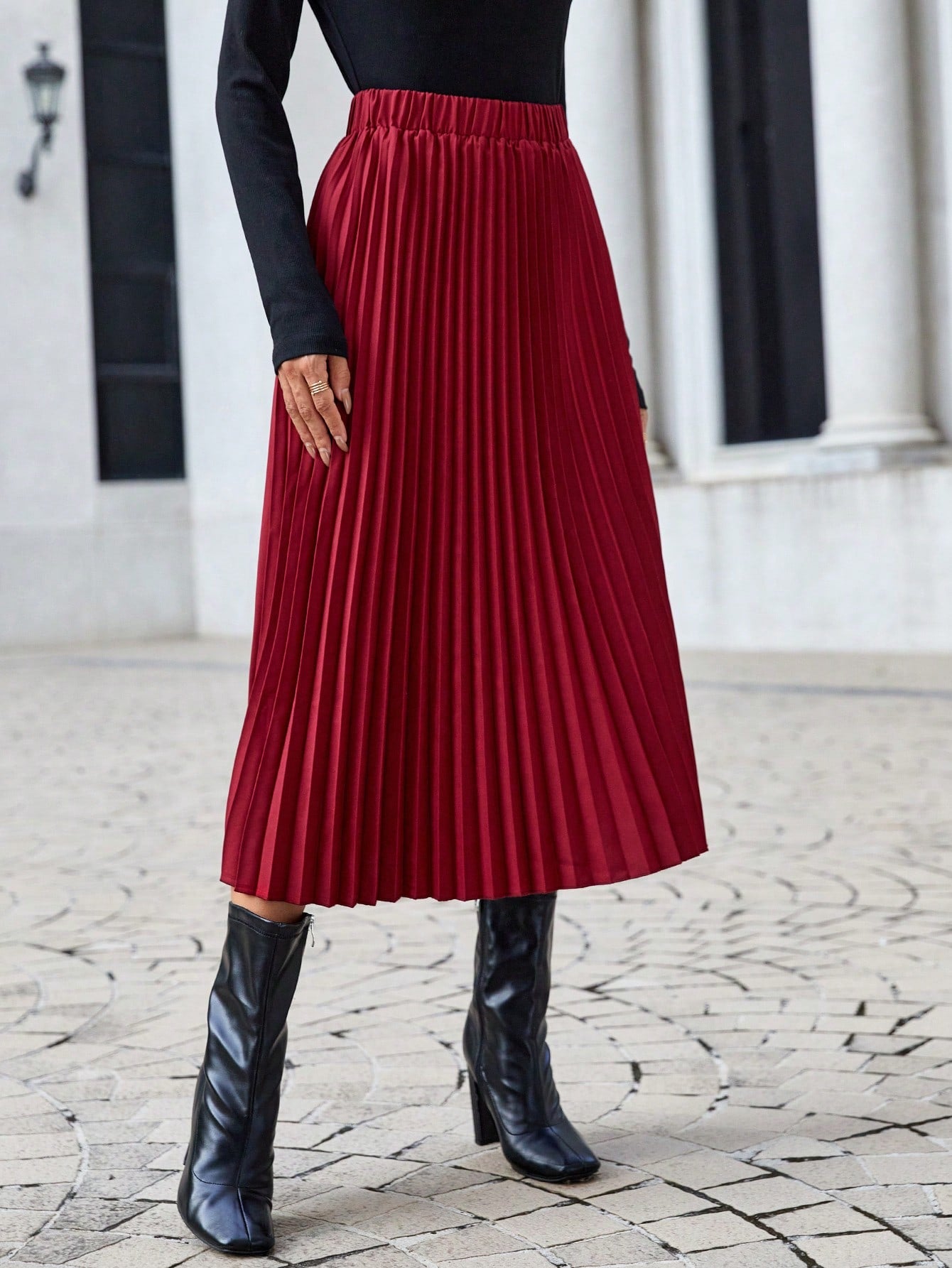 تنورة ذو تجاعيد موحدة اللون خصر عالي