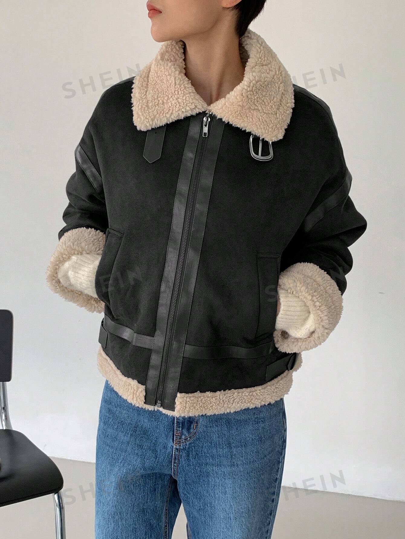 جاكيت جلدي بو للكتف المنخفض مبطّن بداخله بالفرو