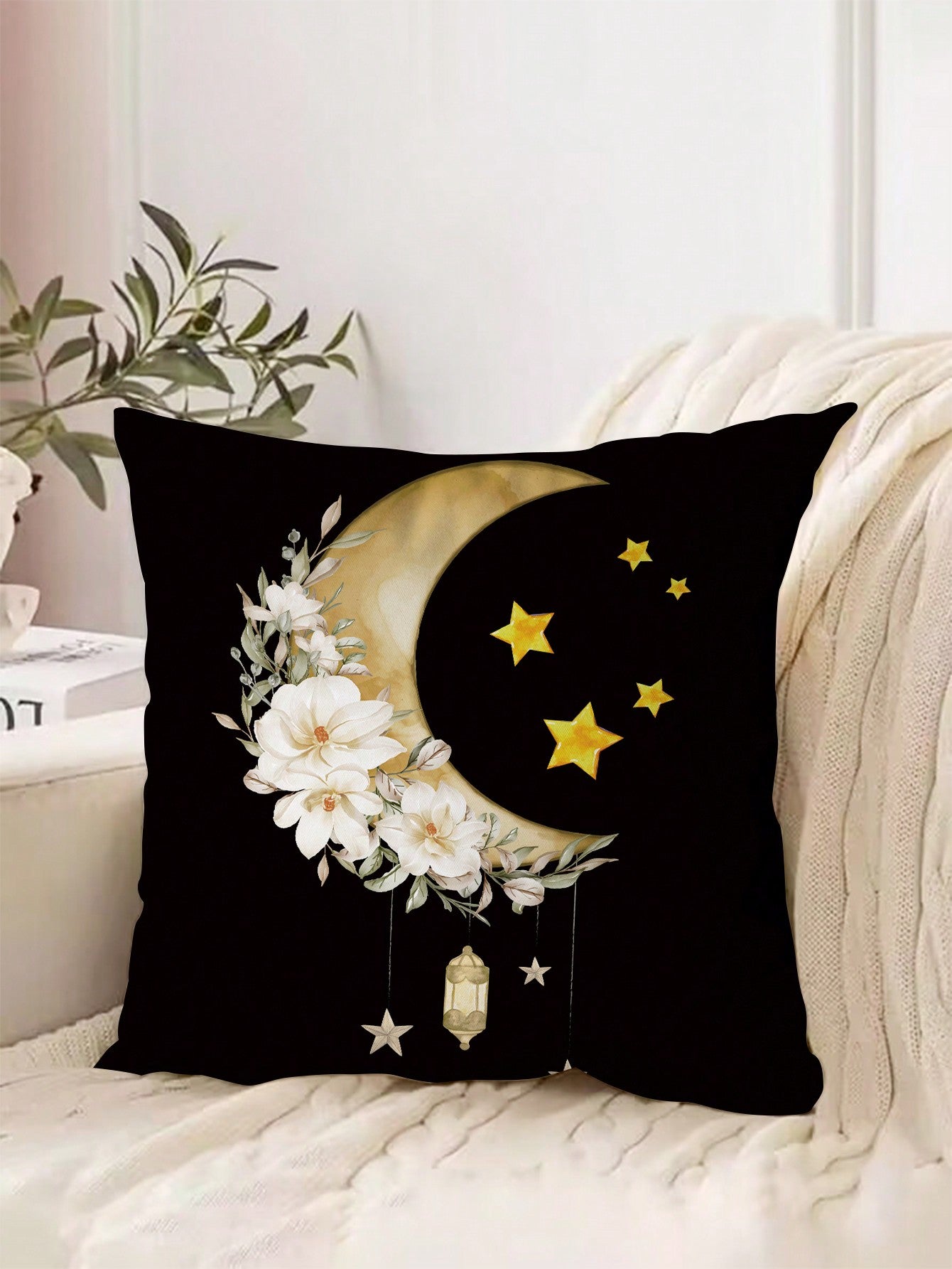 غطاء مخدة مطبوع من البوليستر بتصميم القمر والنجوم والزهور، لديكور المنزل والأريكة