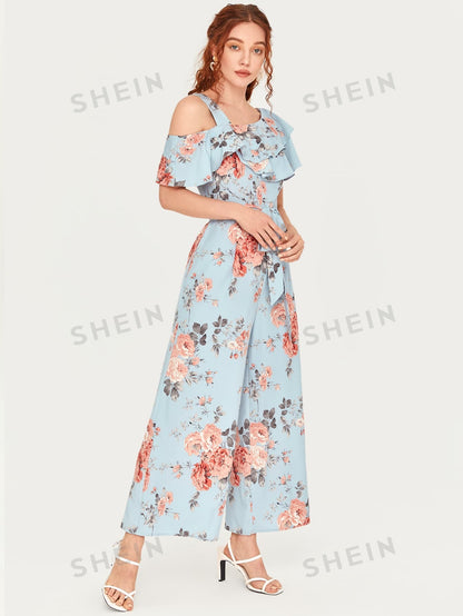 جمبسوت مكشكش بحزام وطباعة زهور