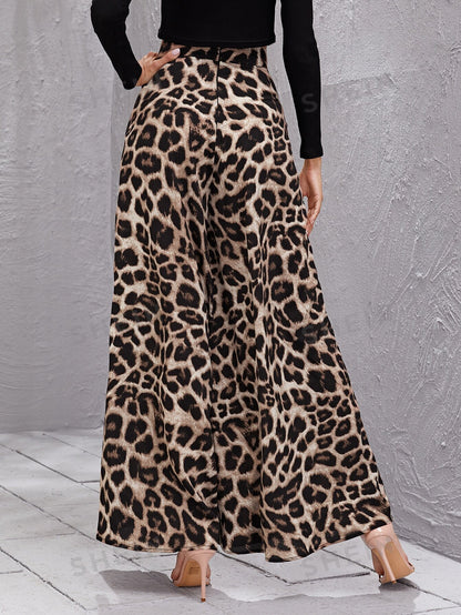 سروال بساق عريض نمط الفهد وبخصر عالي