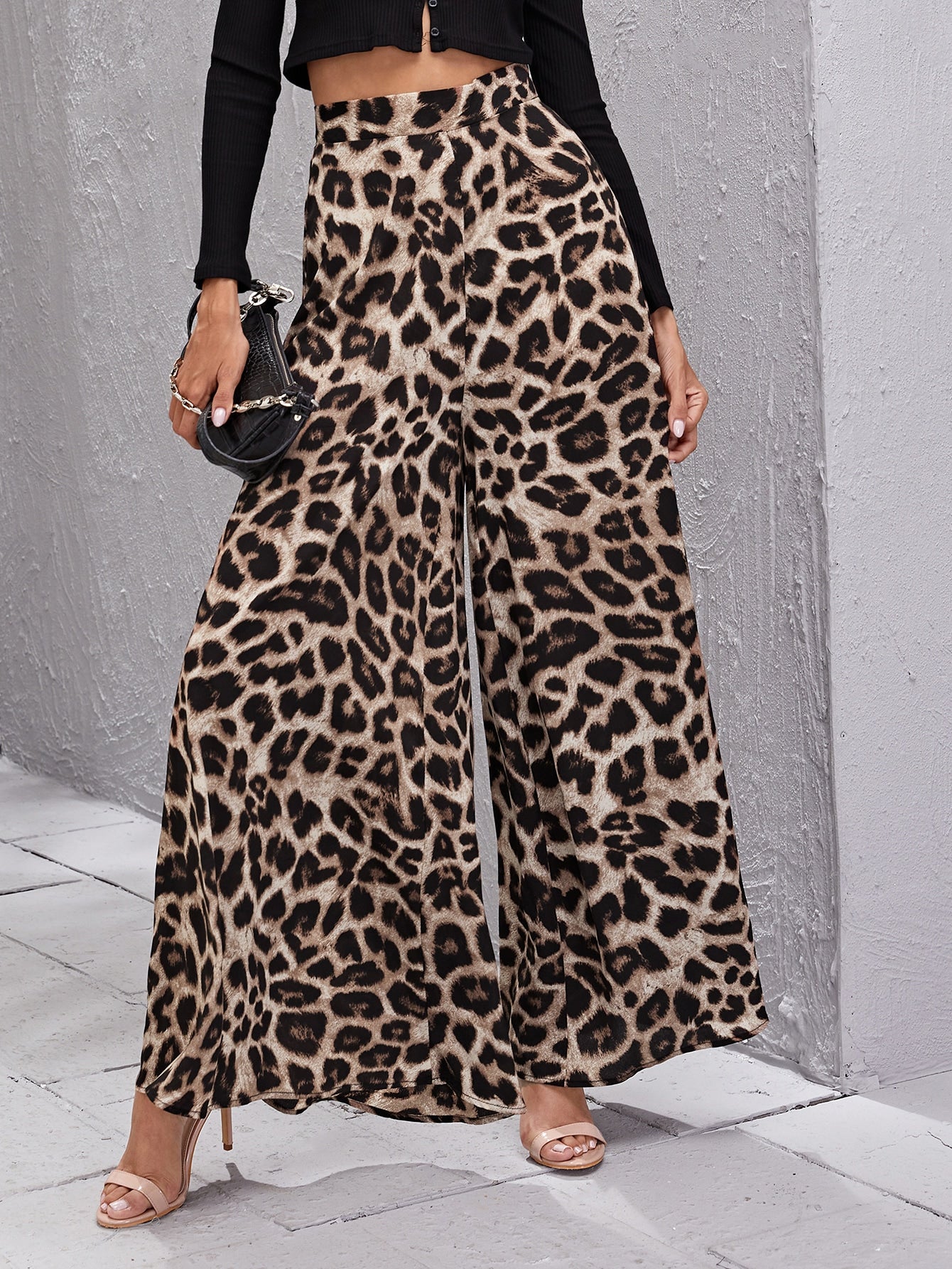 سروال بساق عريض نمط الفهد وبخصر عالي