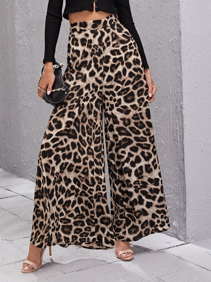 سروال بساق عريض نمط الفهد وبخصر عالي