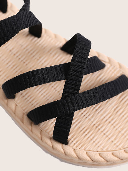 مبسط باصابع قدم مفتوح صنادل , للنساء الموضة موحد اللون أسود صنادل مسطح