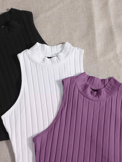 ملابس صيفية مكونة من 4 قطع من القمصان بدون أكمام ذات رقبة وهمية ومضلعة