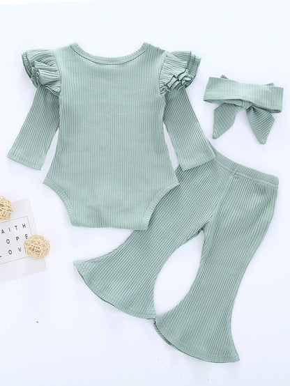 سروال بساق واسع مع بدسويت مكشكش طبقات مضلع مع عصابة راس للبنات الرضع