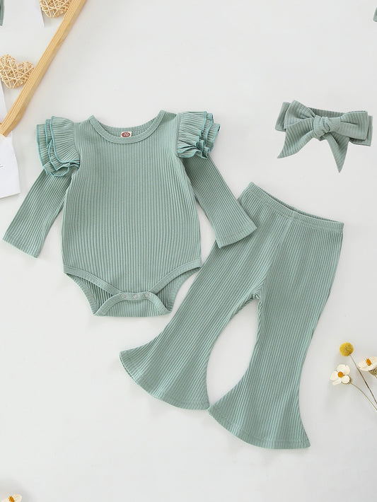 سروال بساق واسع مع بدسويت مكشكش طبقات مضلع مع عصابة راس للبنات الرضع